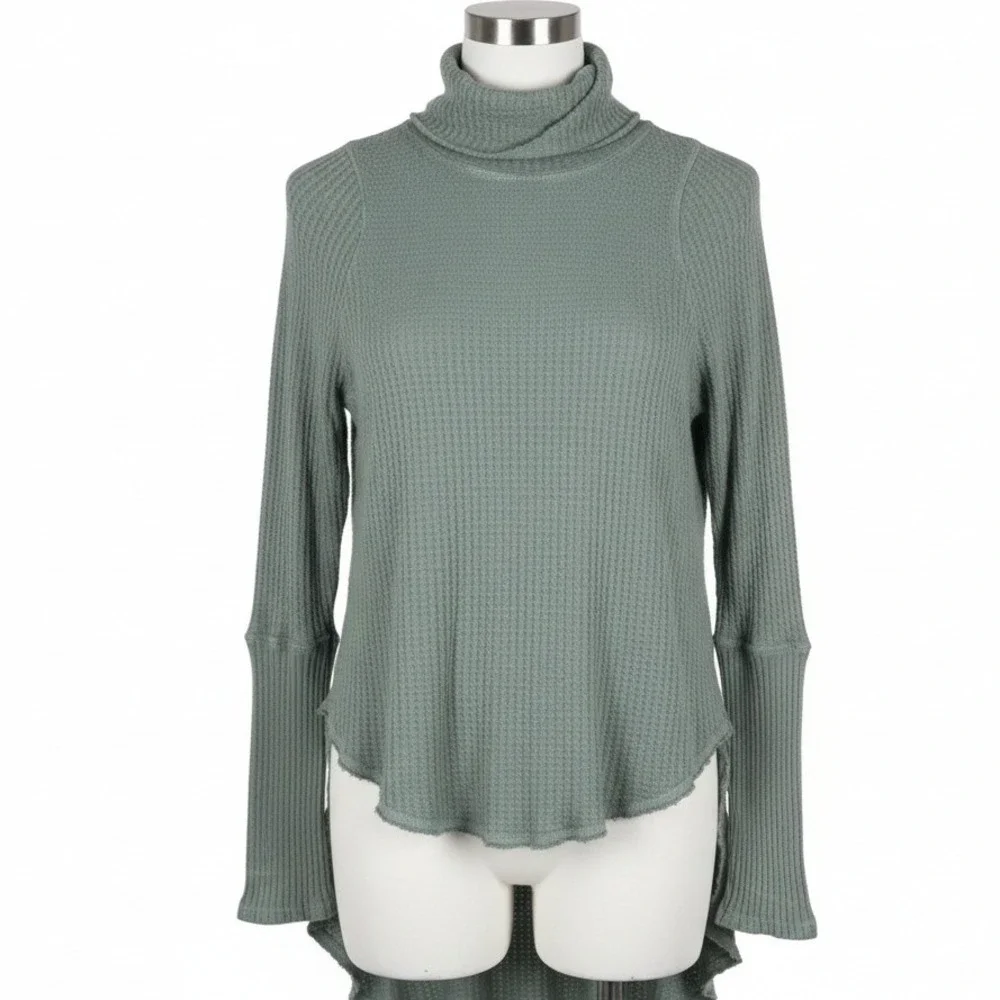 Free People We The Free S Small Sage Green‎ Waffle Knit High Low Tunic Mock Neck